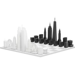New York Versus Los Angeles Acrylic Chess Set with Marble Hatch Board